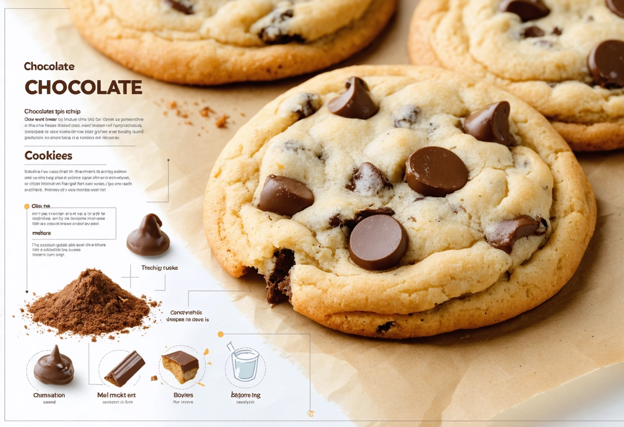 Chocolate Chip Cookies – “Close-up of freshly baked chocolate chip cookies on parchment paper, warm and appetizing, professional lighting.”